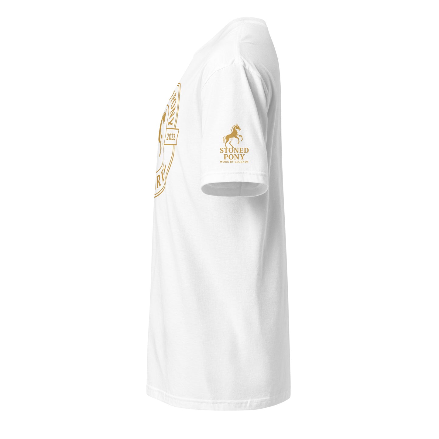 Men's Luxe White T-Shirt side view showing gold Stoned Pony "Worn By Legends" logo on the left sleeve. Premium Western street wear. Shop Stoned Pony Men's Luxe Collection.