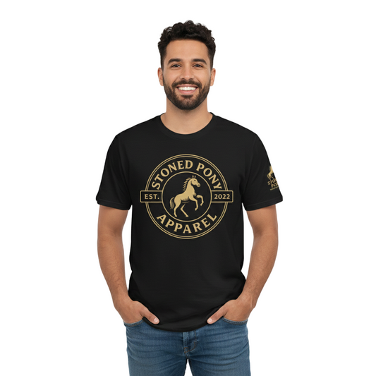 Premium black Western T-Shirt with large gold Stoned Pony Apparel circular logo with Horse rearing Gold Emblem. Luxe country wear. Shop Stoned Pony Apparel.