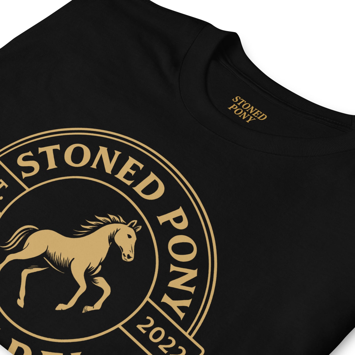 Close-Up Detail | Round Gold Badge | Rearing Horse Design | Stoned Pony Luxe Western T-Shirt | Country Wear