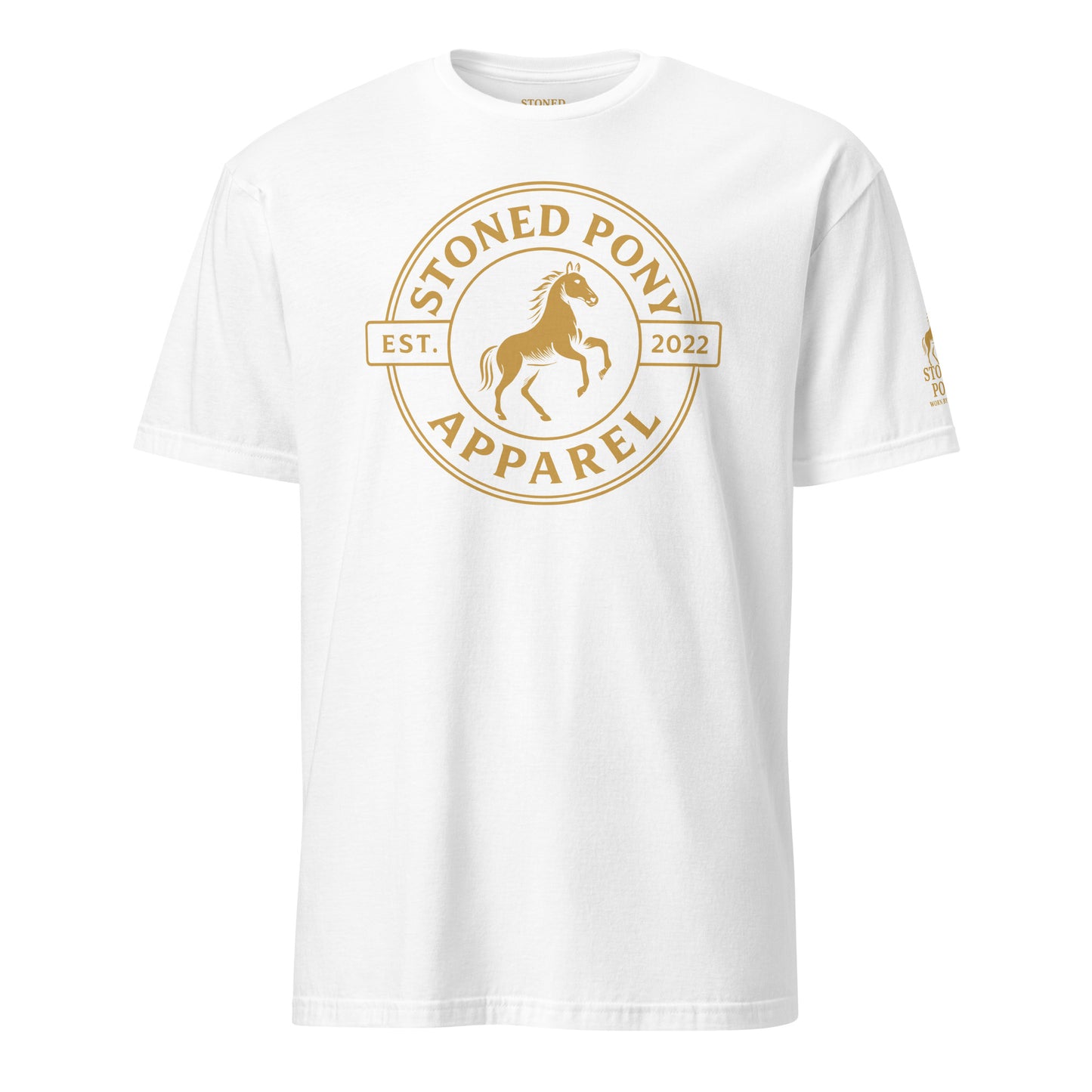 Men's Premium Luxe White T-Shirt with large gold Stoned Pony rearing horse round badge logo on the chest, and small logo on the left sleeve. Western Wear collection. Shop Men's Stoned Pony Western Wear Collection. 