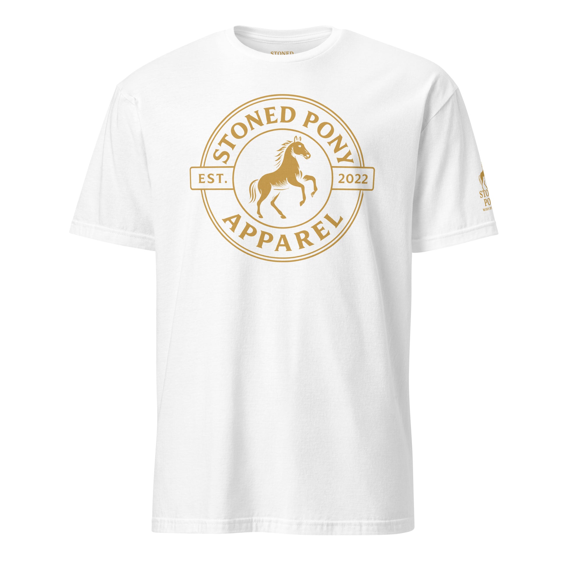 Men's Premium Luxe White T-Shirt with large gold Stoned Pony rearing horse round badge logo on the chest, and small logo on the left sleeve. Western Wear collection. Shop Men's Stoned Pony Western Wear Collection. 
