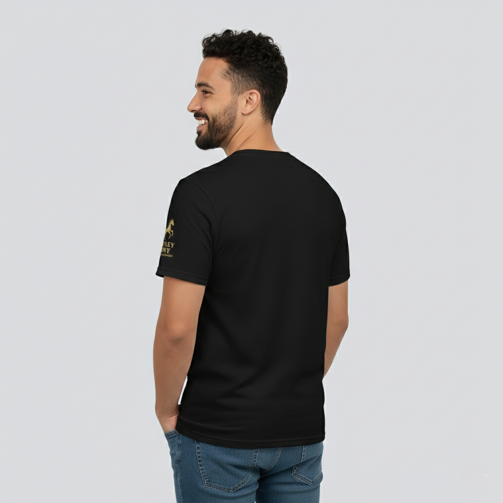 Premium Men's Black and Gold Tee. Gold Horse Emblem, horse rearing. From Country Wear to Street Wear. Stoned Pony Apparel. 
