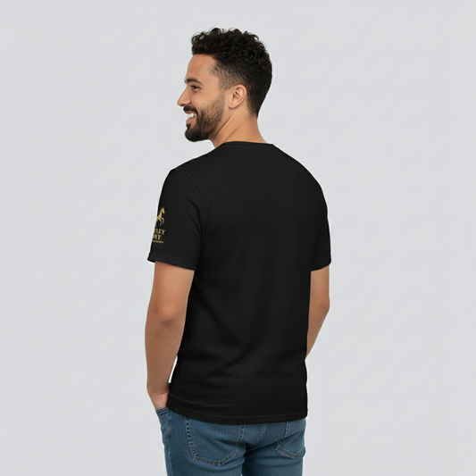 Premium Men's Black and Gold Tee. Gold Horse Emblem, horse rearing. From Country Wear to Street Wear. Stoned Pony Apparel. 