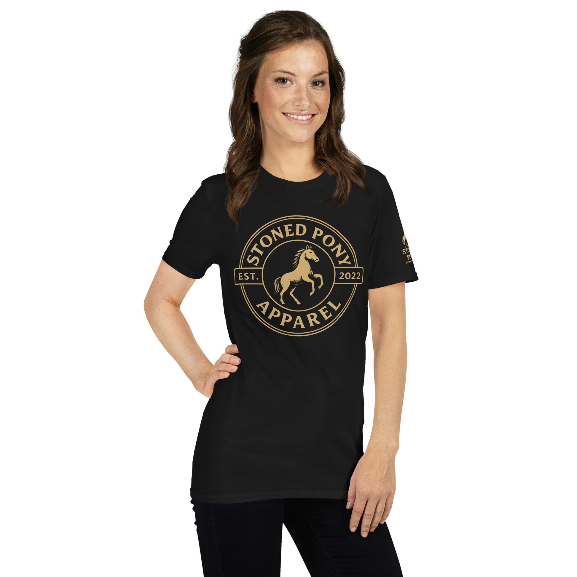 Women's Black Luxe Western T-Shirt | Right Front Angle | Round Gold Badge | Rearing Horse Design | Stoned Pony | Country Wear