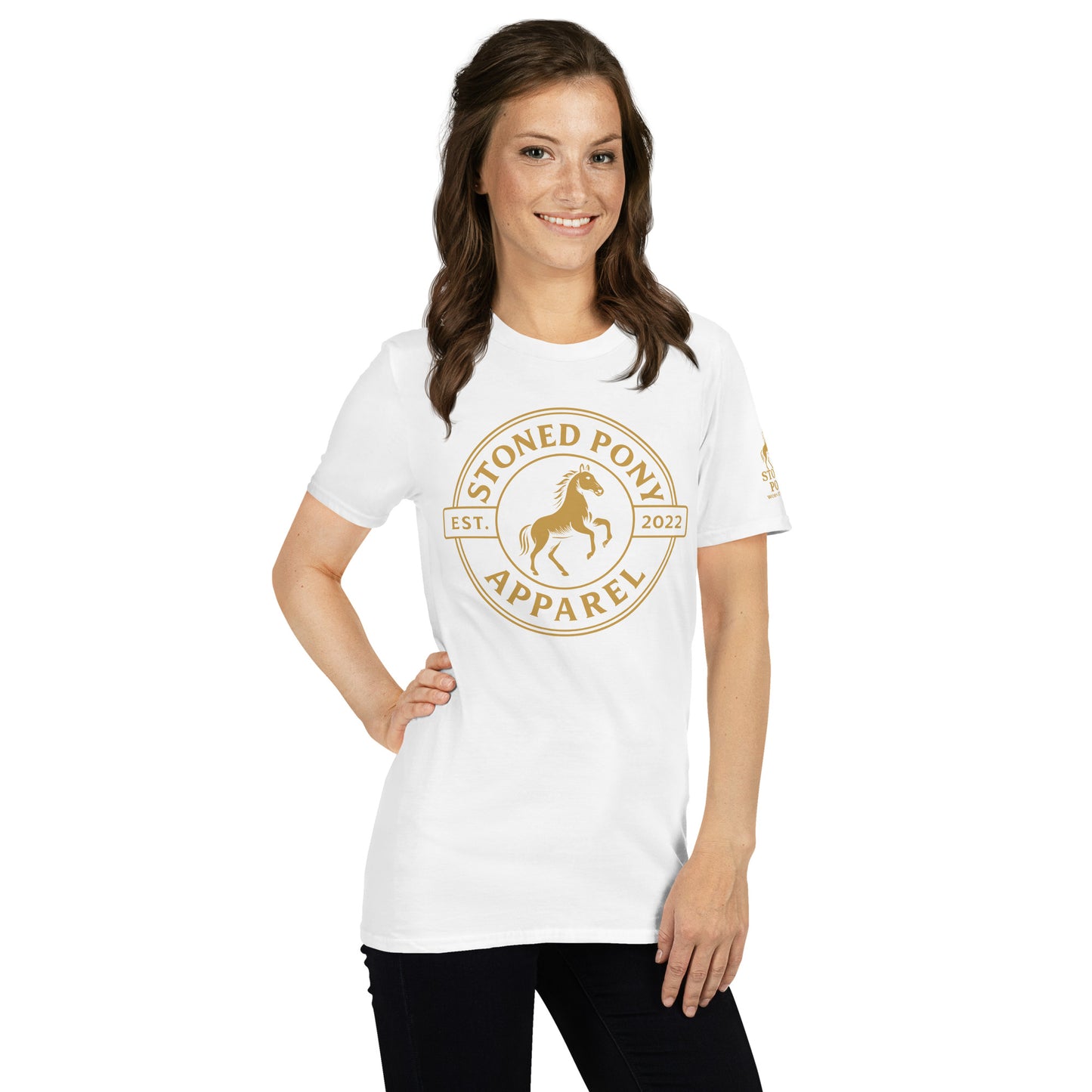Women's White Luxe Western T-Shirt | Right Front Angle | Round Gold Badge | Rearing Horse Design | Stoned Pony | Country Wear
