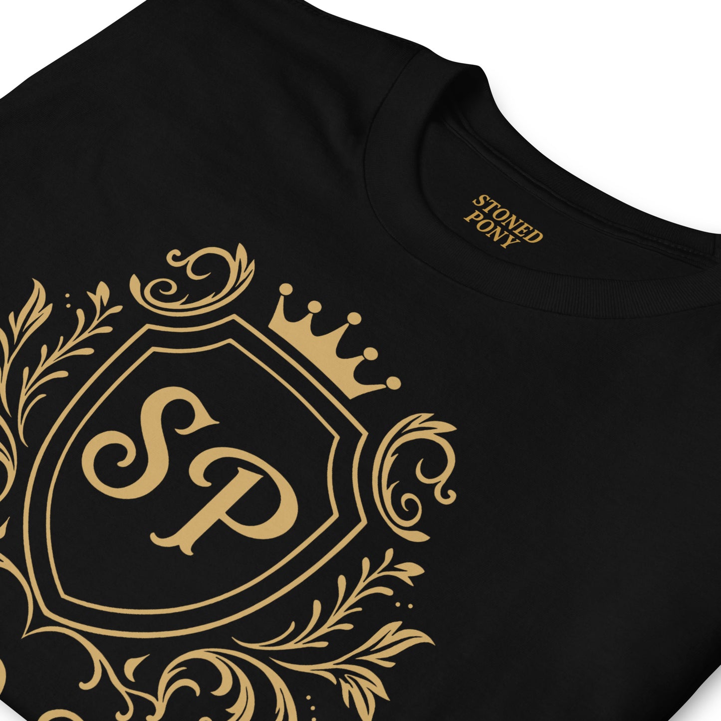 Close-up Detail of Ornate Gold Crest with Crown SP Monogram and Decorative Flourishes on Black T-Shirt - Stoned Pony Apparel
