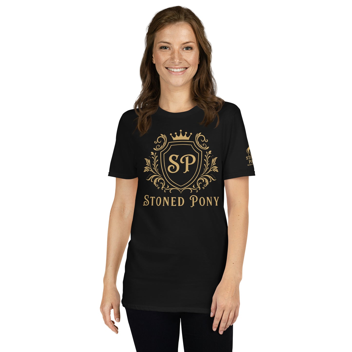 Women's Black Luxe Western Wear T-Shirt with Ornate Gold Crest - Stoned Pony Apparel

