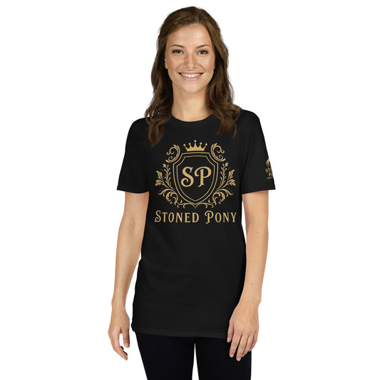 Women's Black Luxe Western Wear T-Shirt with Ornate Gold Crest - Stoned Pony Apparel

