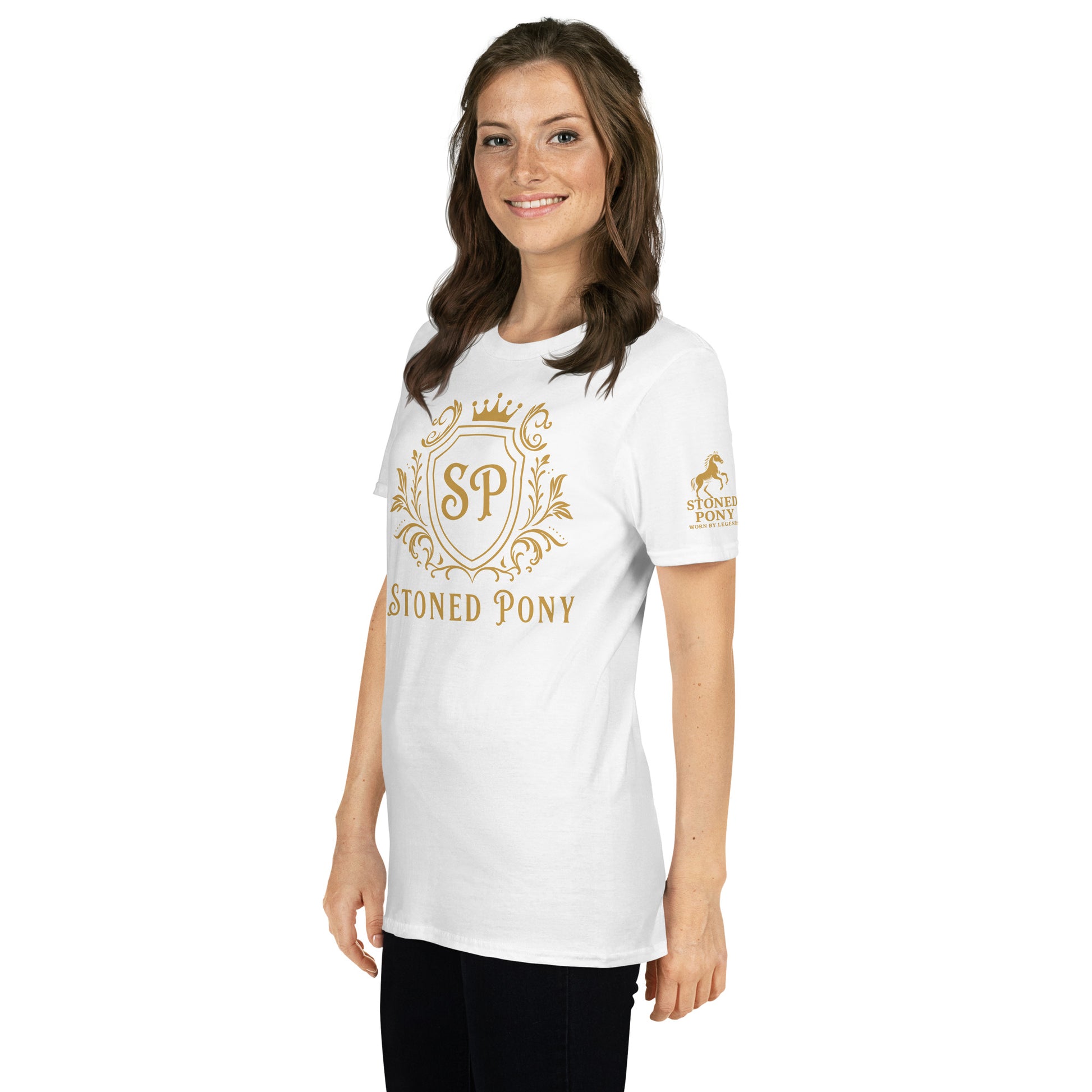 Women's White Luxe Western Wear T-Shirt Front View with Ornate Gold Crest and Worn By Legends Sleeve Detail - Stoned Pony Apparel
