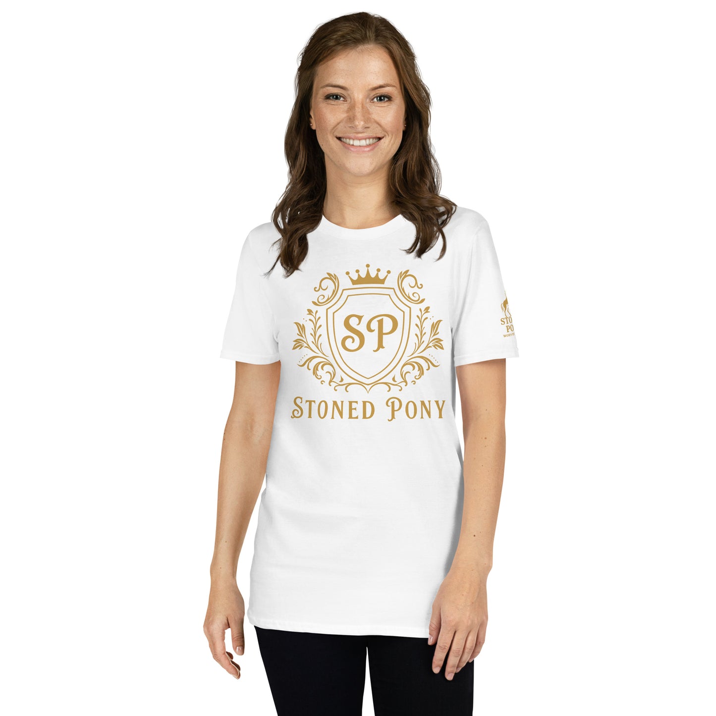 Women's White Luxe Western Wear T-Shirt Front View with Ornate Gold Crest - Stoned Pony Apparel
