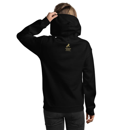 Black Luxe Western Hoodie (back view). Heavy-blend fleece with gold horse and  Stoned Pony 'Worn By Legends' Shop Stoned Pony Apparel