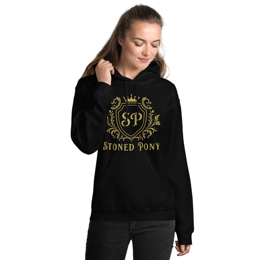 Luxe Western Hoodie, black heavy-blend fleece, featuring the large ornate gold Stoned Pony SP crest. Shop Stoned Pony Apparel