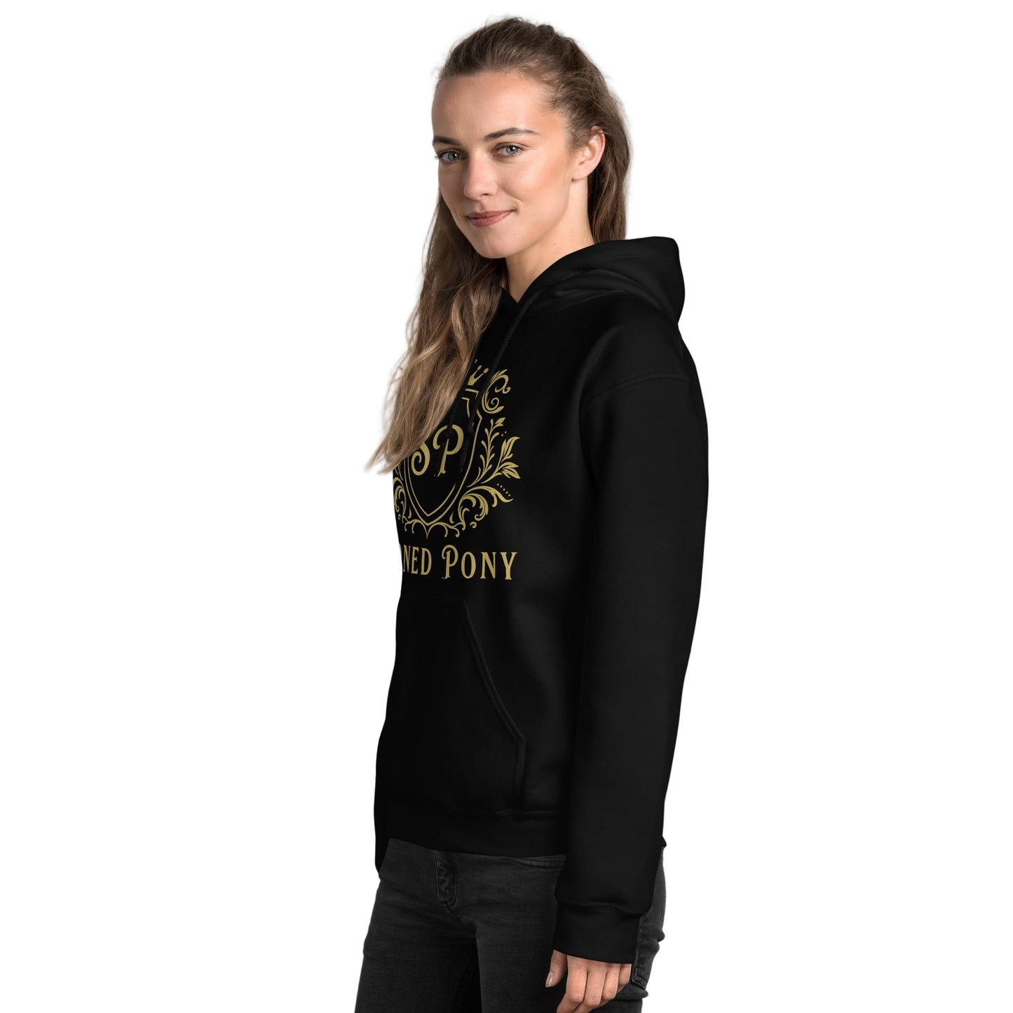 Womens Western Hoodie, black, modeled with gold crest. Shop the Stoned Pony Luxe Collection for refined equestrian style.