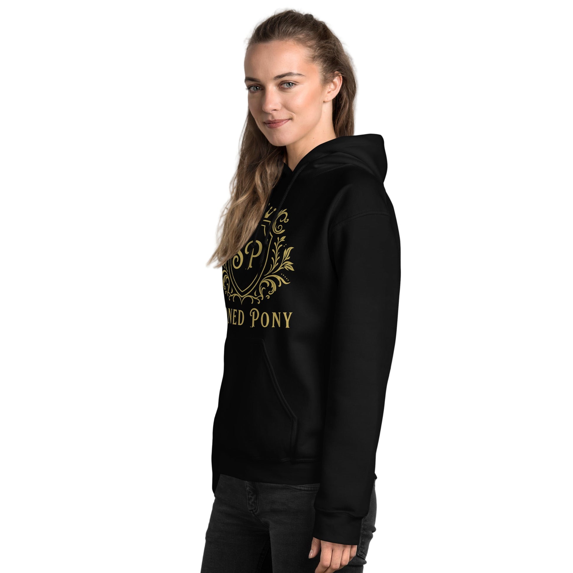 Womens Western Hoodie, black, modeled with gold crest. Shop the Stoned Pony Luxe Collection for refined equestrian style.